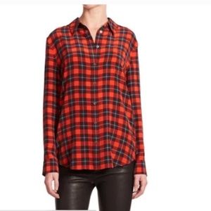Equipment Femme | 100% Silk Reese Plaid Print Button Down Shirt Red & Black Top